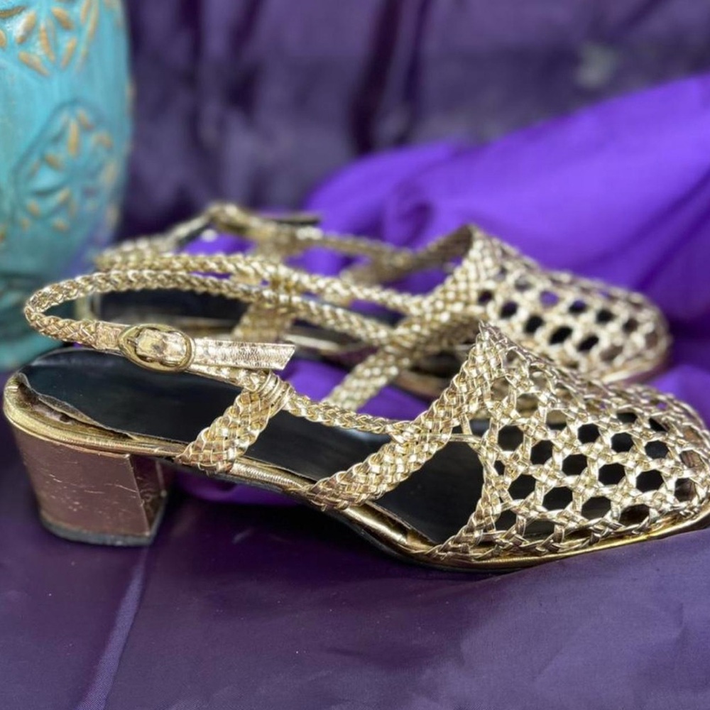 Vintage 1960s 1970s Gold Woven Heels Size 8 1/2 9